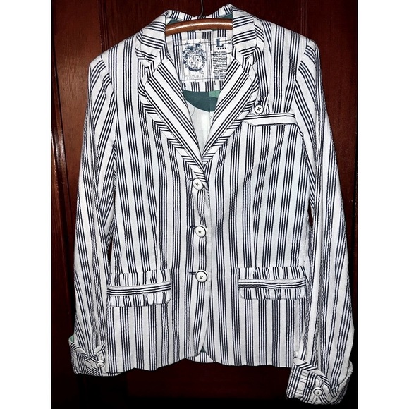 Trovata Jackets & Blazers - TROVATA BLAZER WHITE & NAVY STRIPED FITTED COTTON JACKET LARGE L